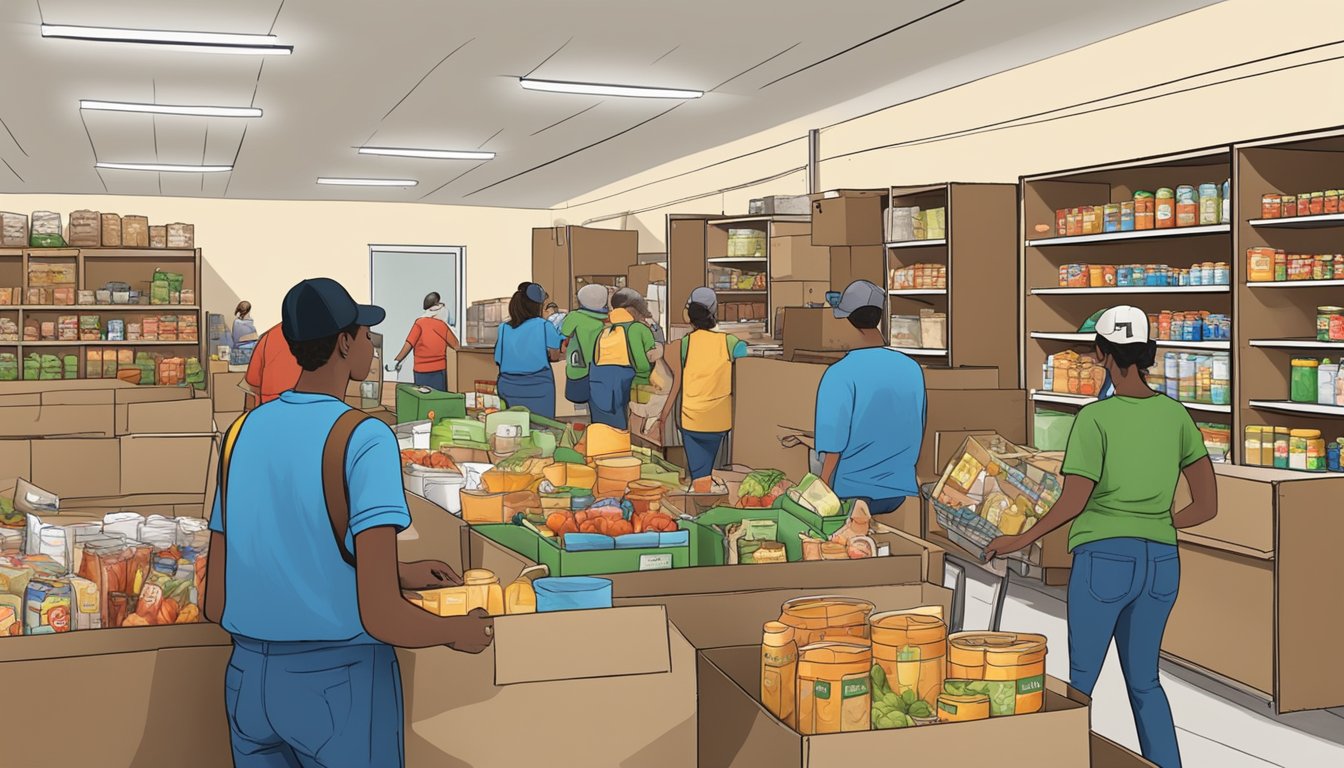 A bustling food pantry in Erath County, Texas, with volunteers distributing free groceries to those in need