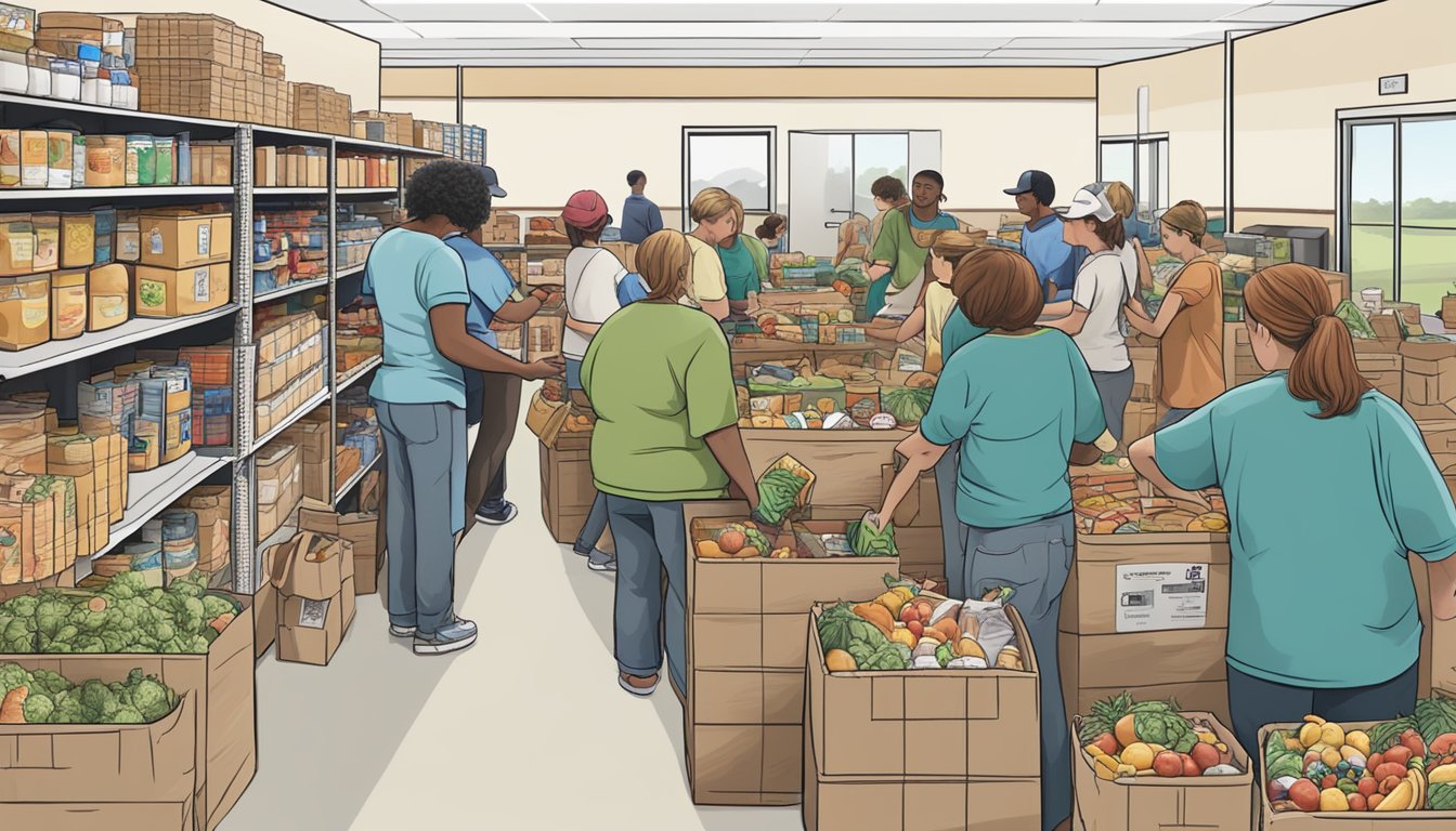 A bustling food pantry in Coryell County, Texas, with volunteers distributing free groceries to those in need