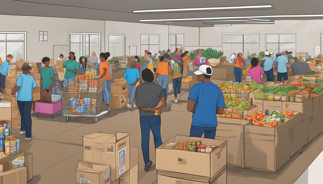 A bustling food pantry in Erath County, Texas, with volunteers distributing free groceries to those in need