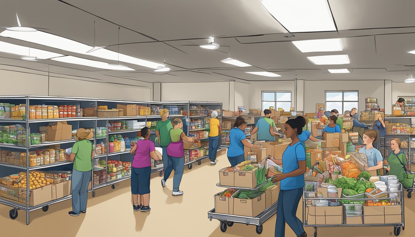 A bustling food pantry in Coryell County, Texas, with volunteers distributing groceries to those in need