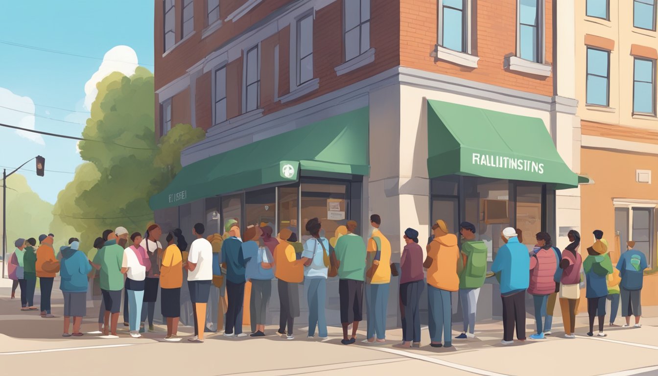 A line of people wait outside a small building, where volunteers distribute bags of groceries and hot meals. Tables are set up with food donations and supplies