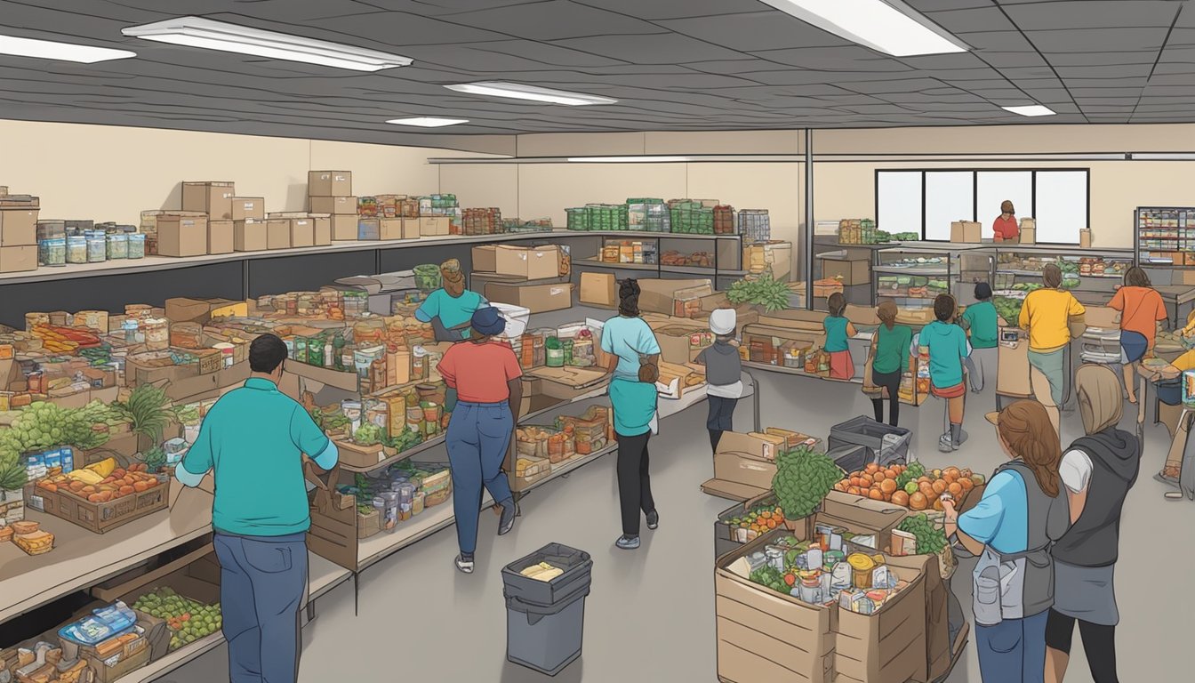 A bustling food pantry in Falls County, Texas, with volunteers distributing free groceries and holistic assistance to those in need