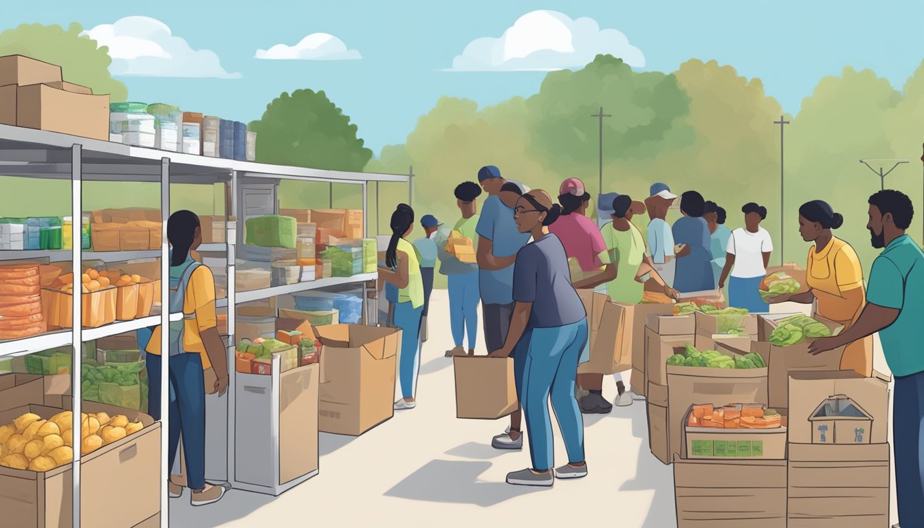 A bustling food pantry with volunteers distributing free groceries to families in need in Falls County, Texas