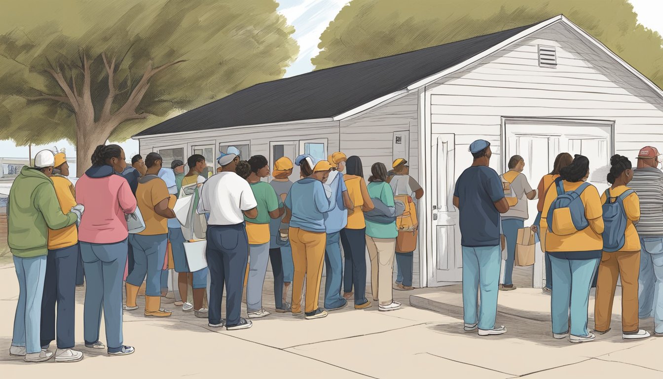 A line of people waits outside a food pantry in Fayette County, Texas. Volunteers distribute free groceries to those in need