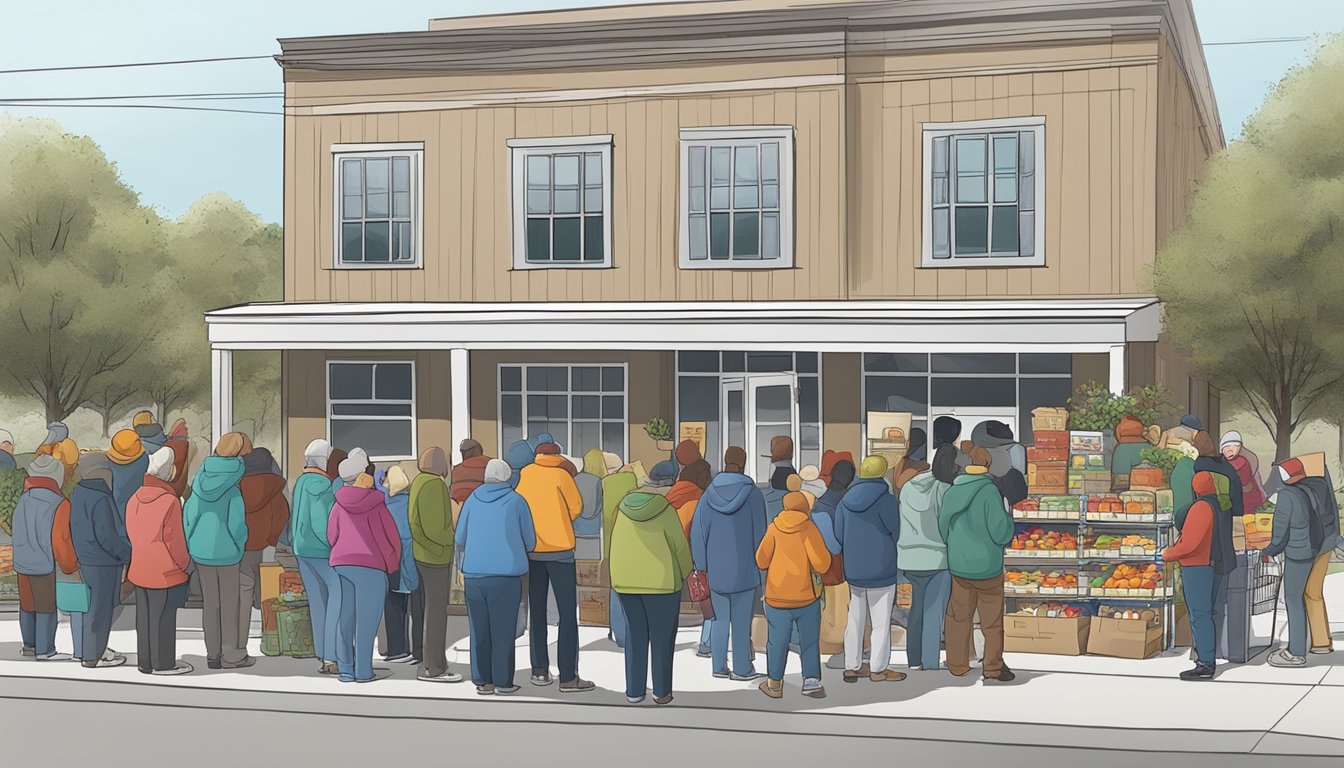 A line of people waits outside a local food pantry, while volunteers hand out free groceries to Falls County residents in need