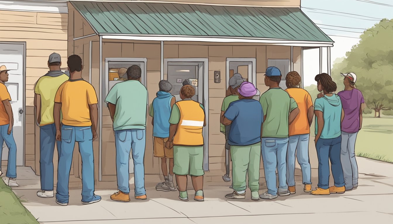 A line of people waits outside a small food pantry in Crockett County, Texas. Volunteers hand out free groceries to those in need