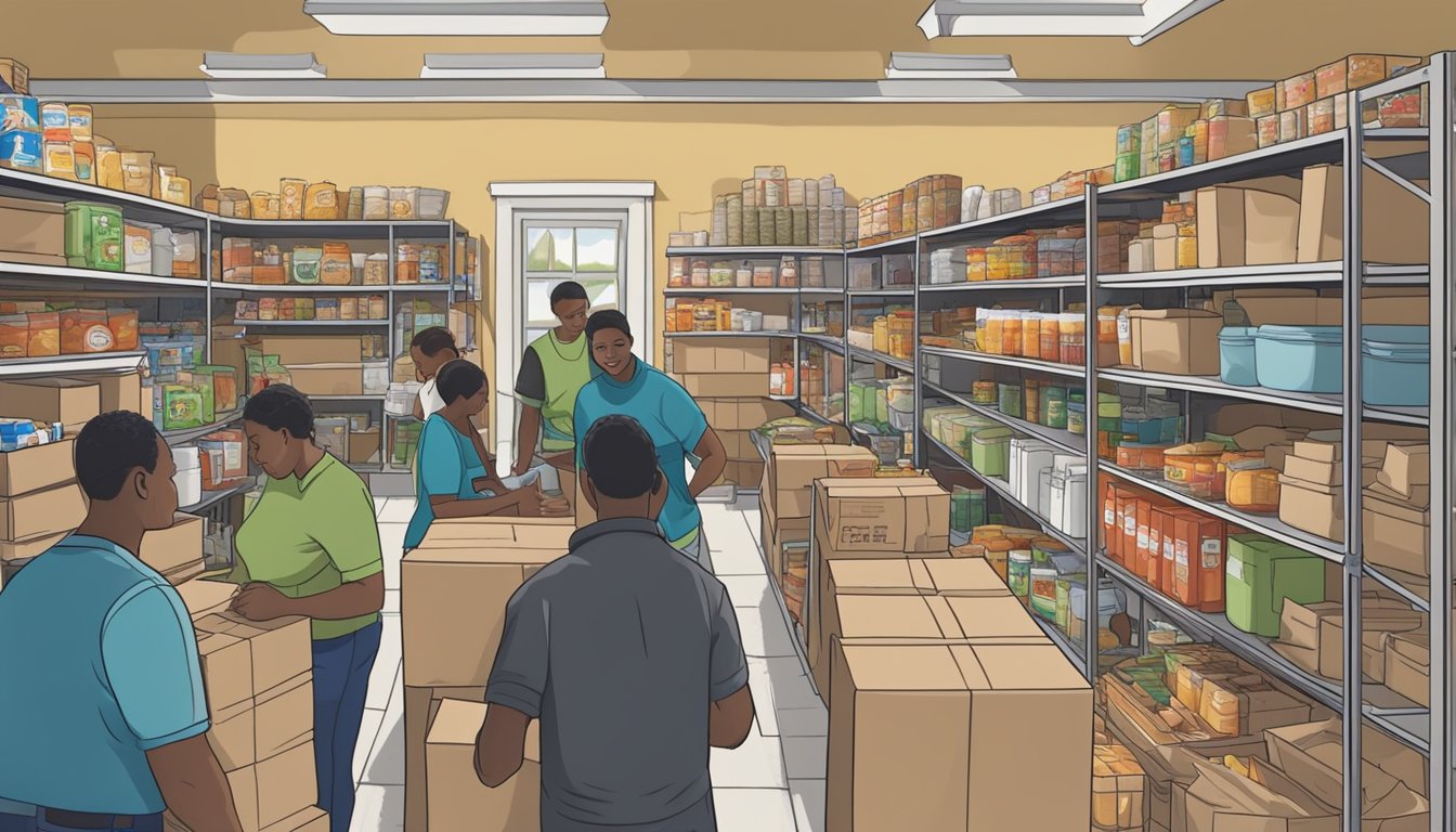 A bustling food pantry in Crockett County, Texas, with volunteers distributing free groceries to those in need