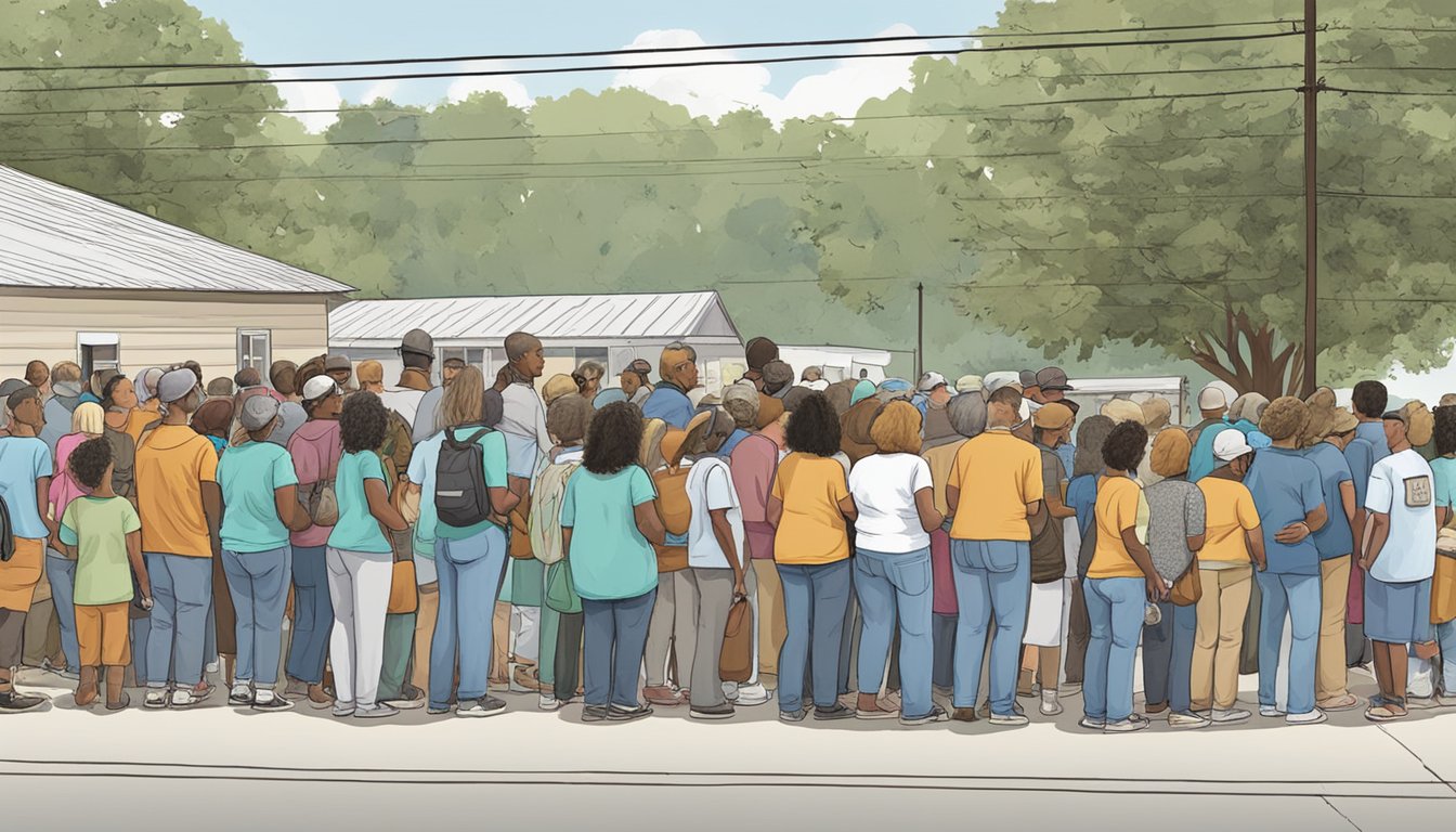 A line of people wait outside a food pantry in Fayette County, Texas. Volunteers hand out free groceries to those in need