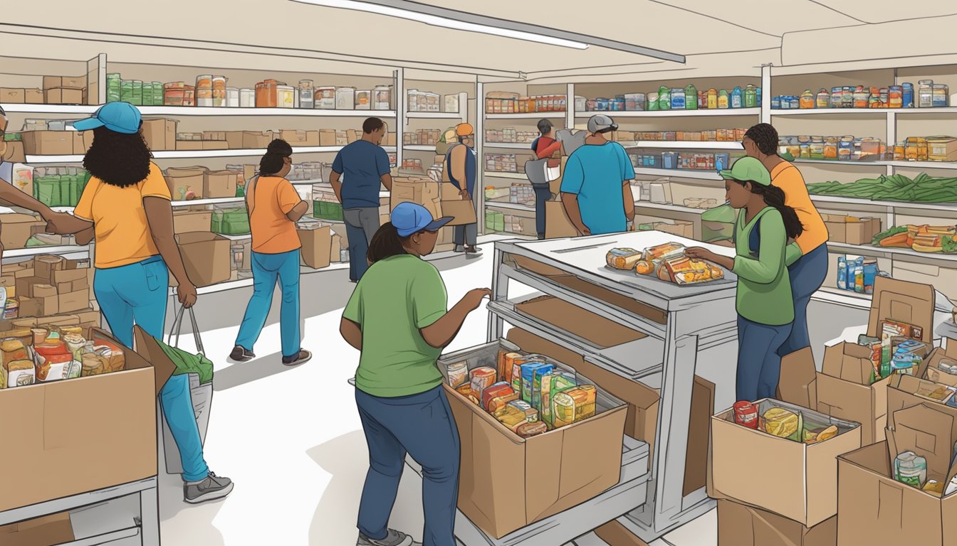 A bustling food pantry in Crockett County, Texas, with volunteers distributing groceries to those in need