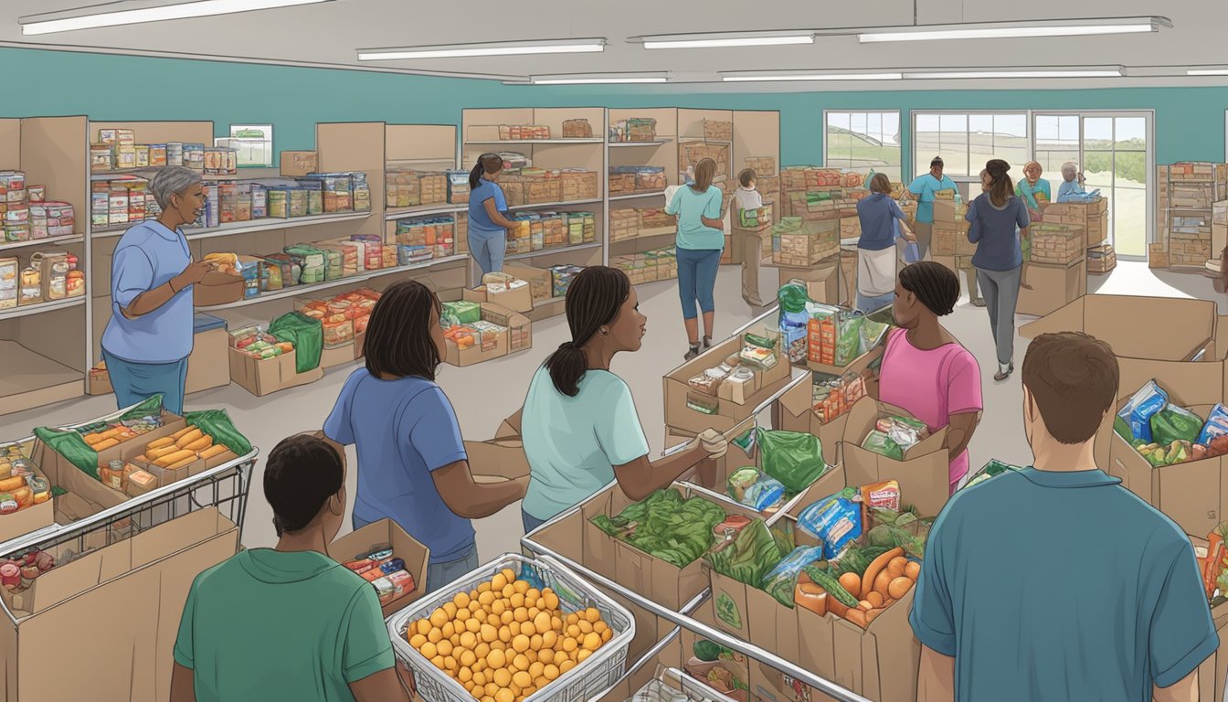 A bustling food pantry in Fayette County, Texas, with volunteers distributing free groceries to those in need