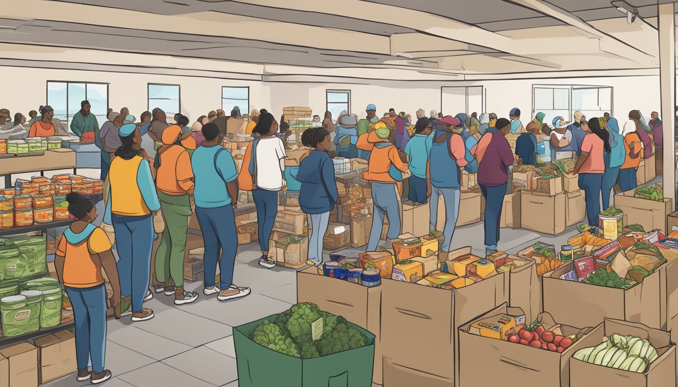 A bustling food pantry in Crockett County, Texas, with volunteers distributing free groceries and nutritional support to those in need