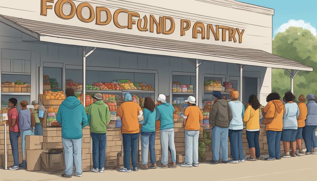 A line of people waits outside a food pantry in Fayette County, Texas. Volunteers hand out free groceries to those in need