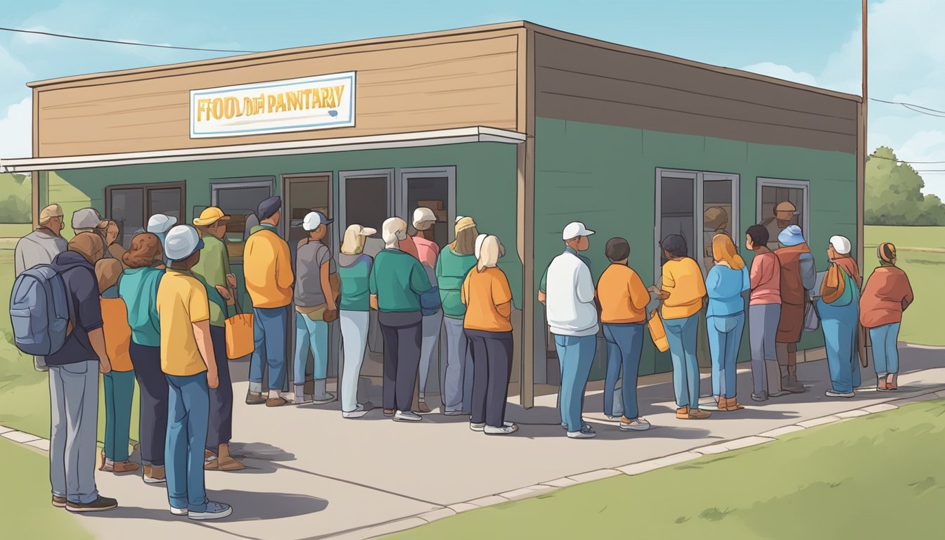 A line of people waits outside a small food pantry in Fisher County, Texas. Volunteers distribute free groceries to those in need