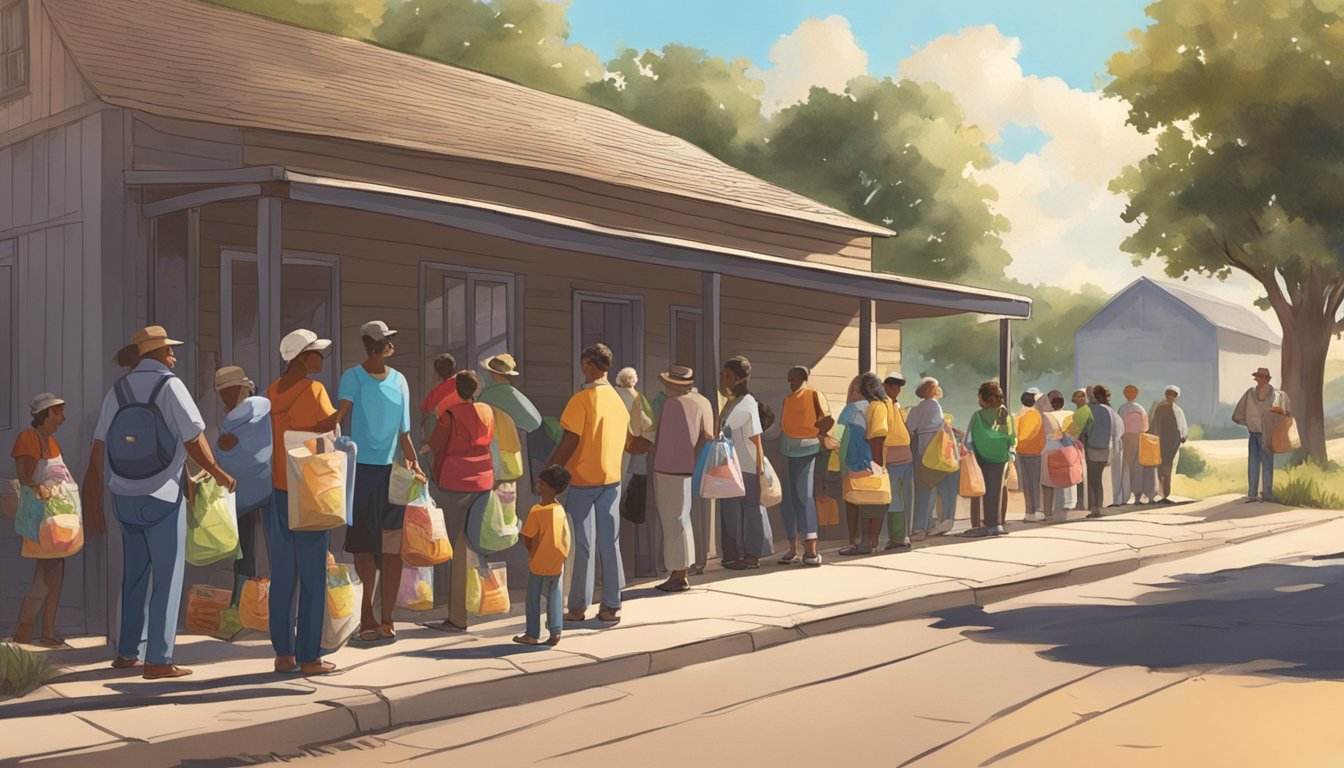 A line of people waits outside a small building, where volunteers hand out bags of groceries and food items. The sun shines down on the rural Texas landscape