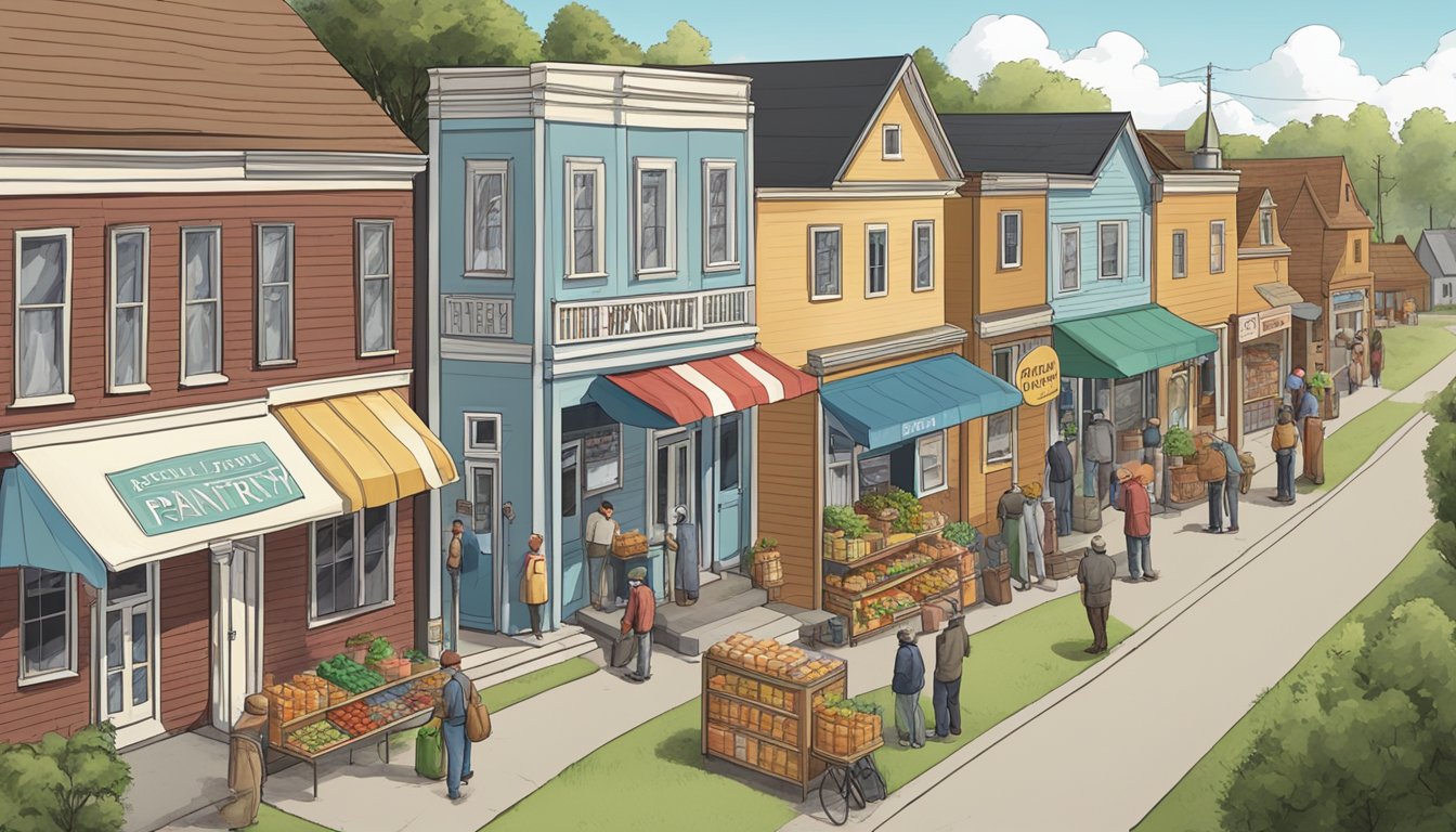 A small rural town with a row of modest buildings, each with a sign indicating a food pantry. People line up outside, waiting for assistance