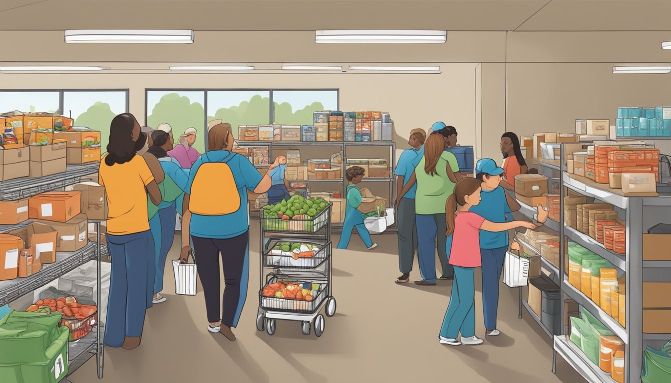 A bustling food pantry in Fayette County, Texas, with volunteers distributing free groceries to those in need