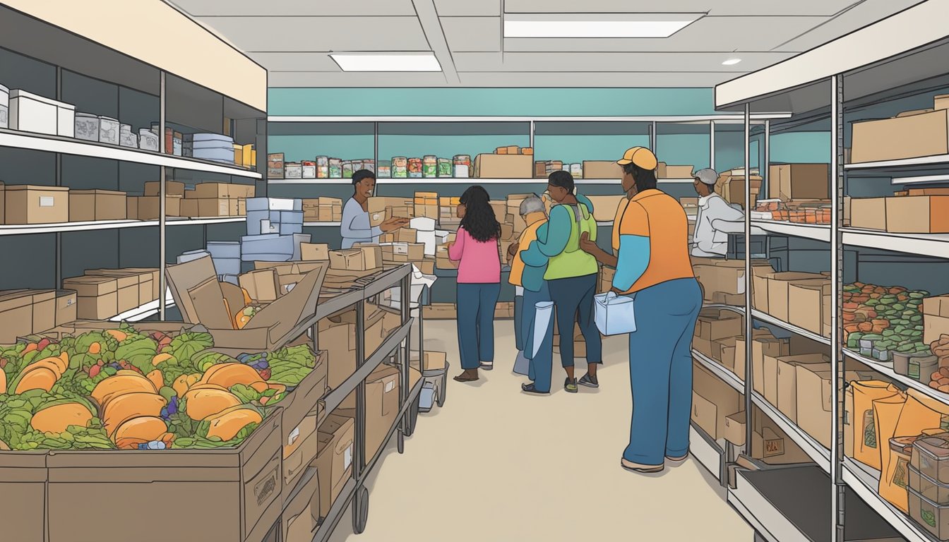 A bustling food pantry in Crockett County, Texas, with volunteers distributing groceries to those in need during operating hours