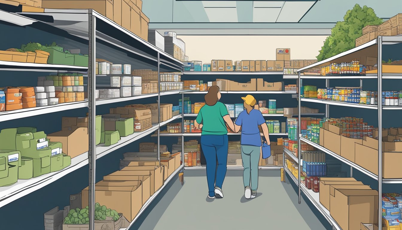 A bustling food pantry in Fisher County, Texas, with shelves stocked with free groceries and volunteers assisting those in need