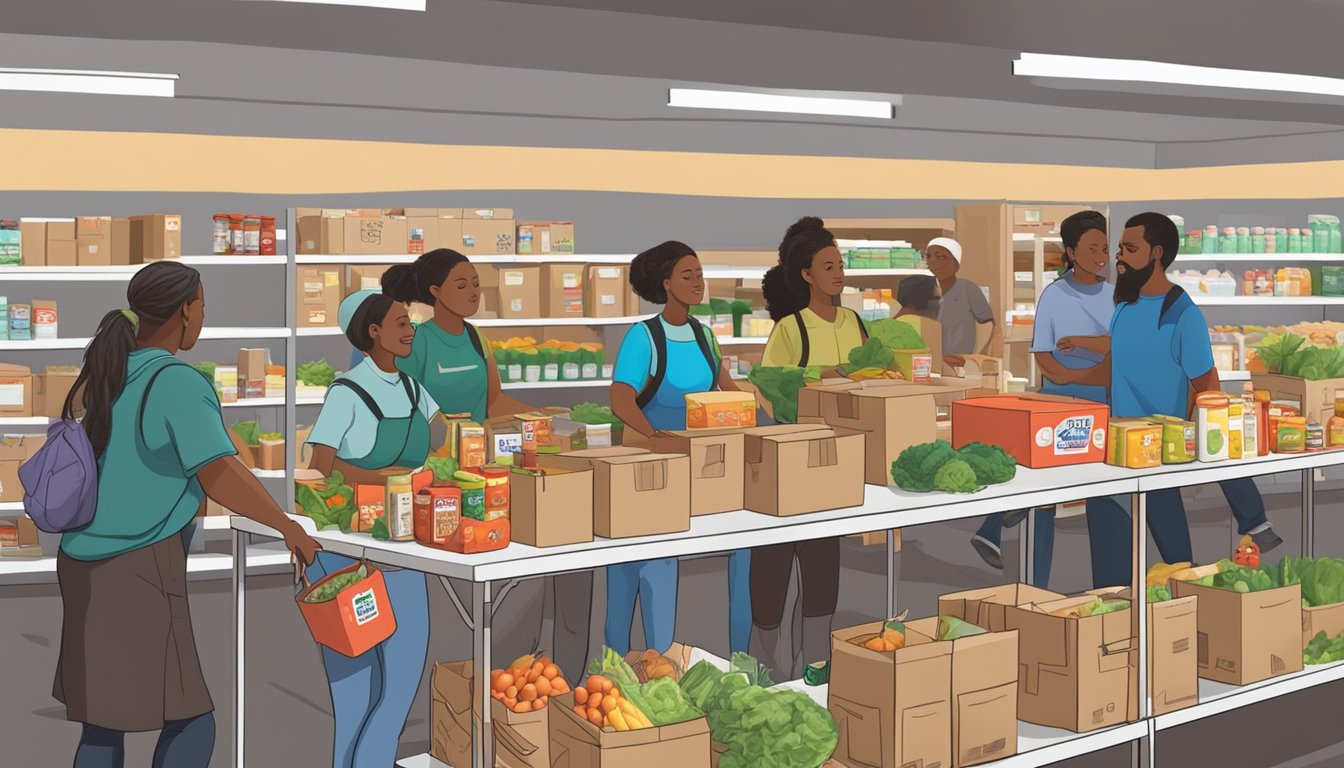 A bustling food pantry in Fayette County, Texas, with volunteers distributing free groceries to those in need, providing essential support in fighting hunger