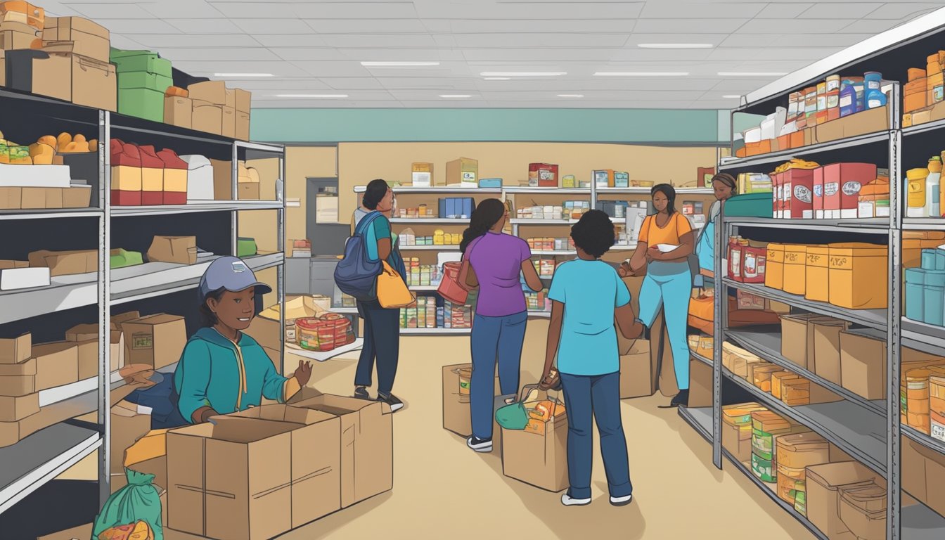 A bustling food pantry in Crockett County, Texas, with volunteers distributing free groceries to those in need