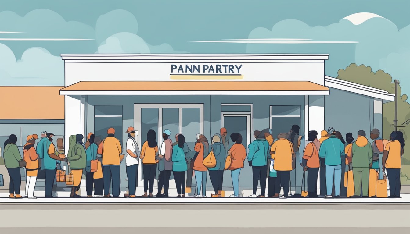 A line of people wait outside a food pantry in Crockett County, Texas. Volunteers distribute free groceries to those in need