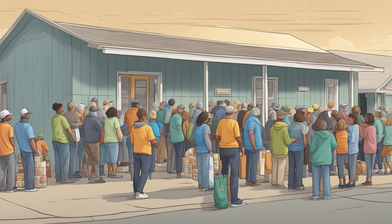 A line of people waiting outside a food pantry in Dallam County, Texas, with volunteers handing out free groceries to those in need