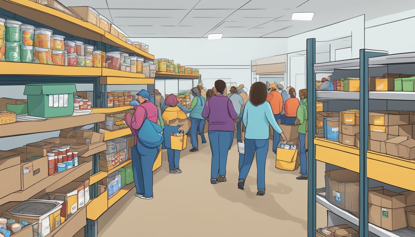 A bustling food pantry in Foard County, Texas, with volunteers distributing free groceries to those in need