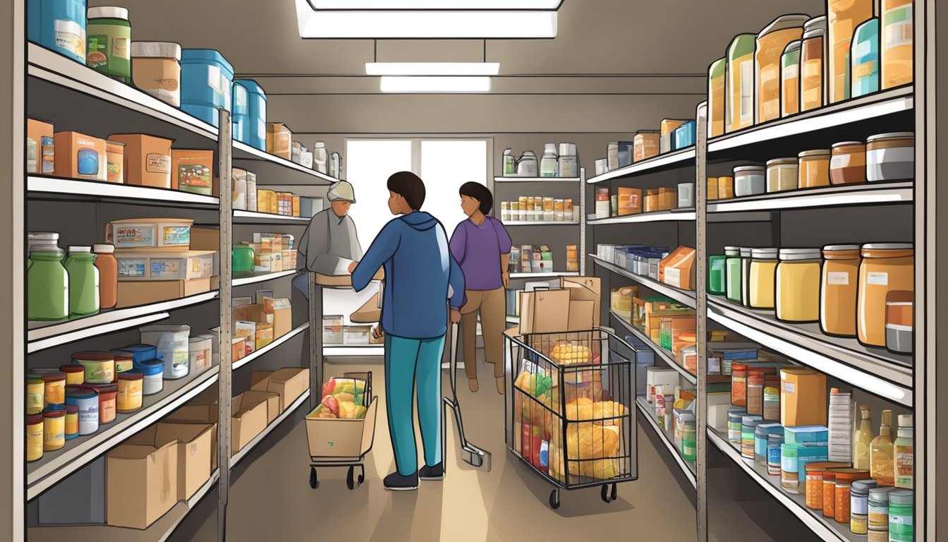 A bustling food pantry with shelves stocked with a variety of groceries and nutritional supplements. Volunteers and staff assist individuals in need