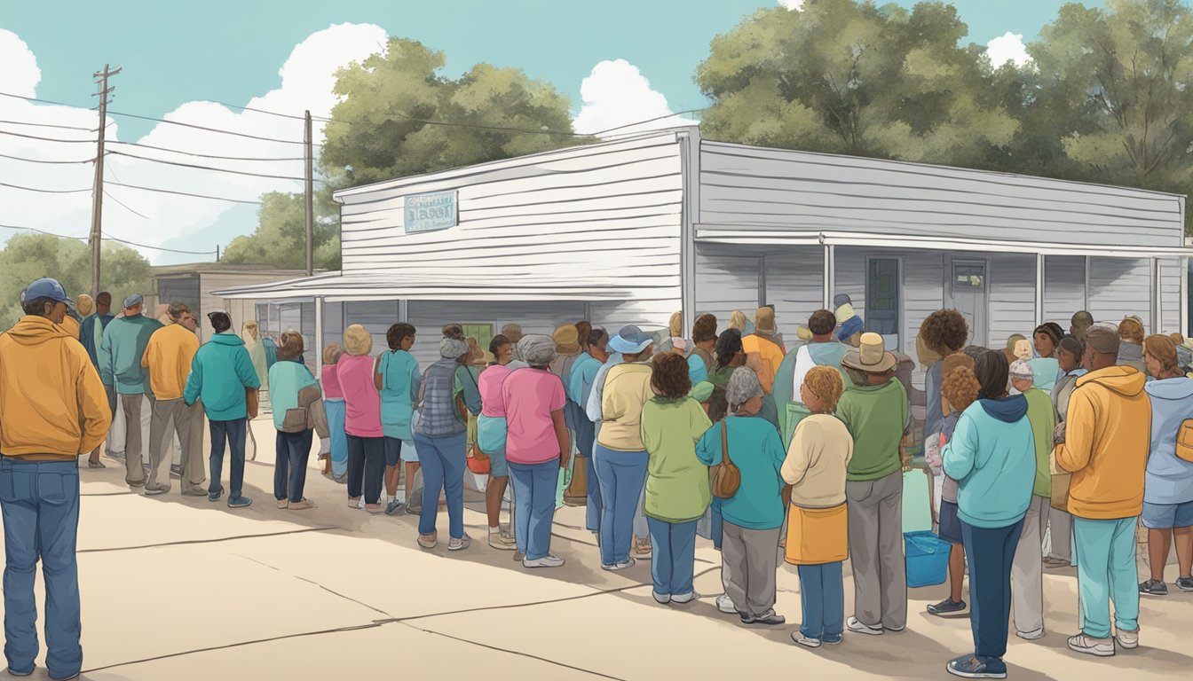 A line of people waiting outside a food pantry in Foard County, Texas, with volunteers distributing free groceries and supplies to those in need