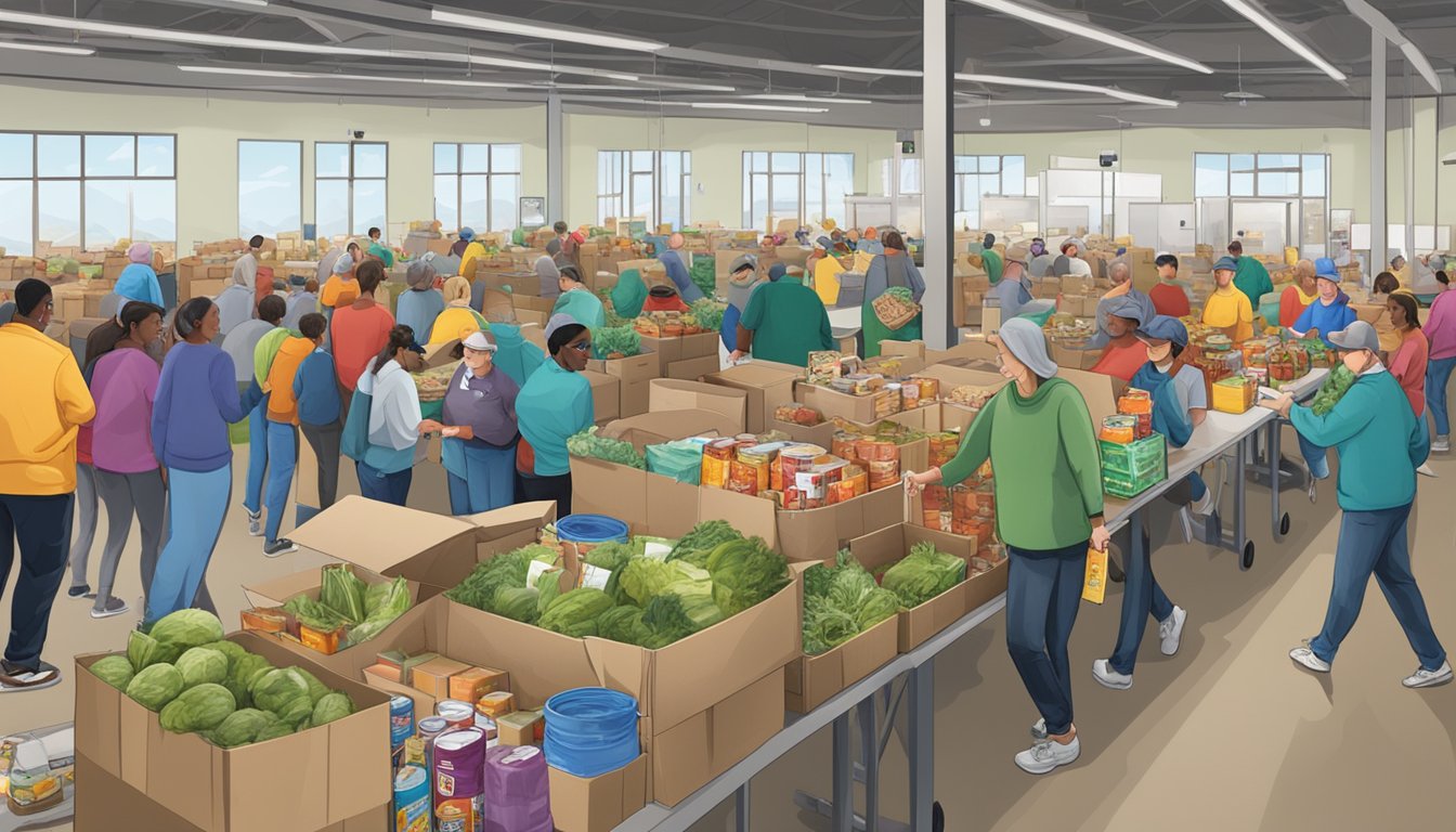 A bustling food bank in Fisher County, Texas, where volunteers distribute free groceries to those in need