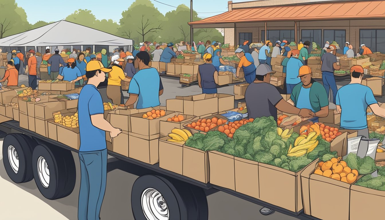 A bustling food distribution event in Ford County, Texas, with volunteers working together to provide free groceries to those in need