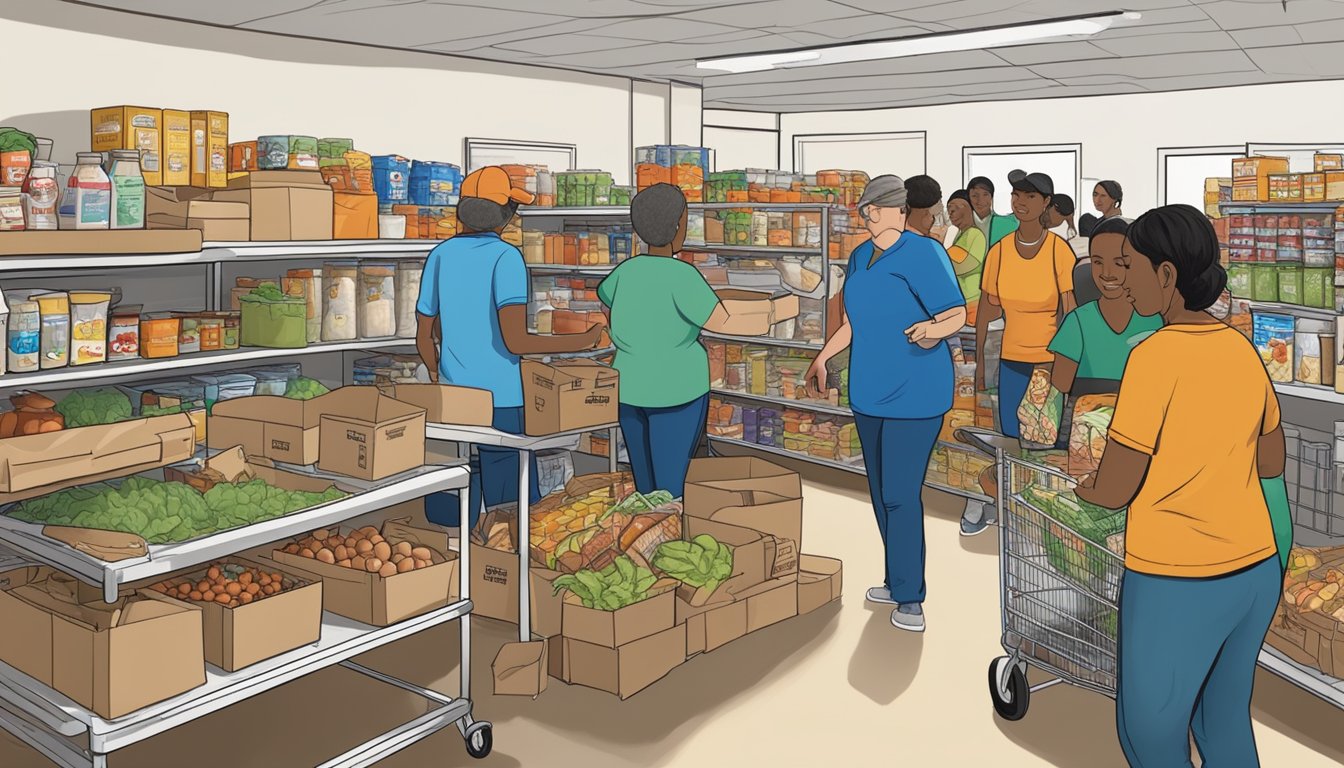 A bustling food pantry in Foard County, Texas, with volunteers distributing free groceries to those in need during special programs and seasonal events