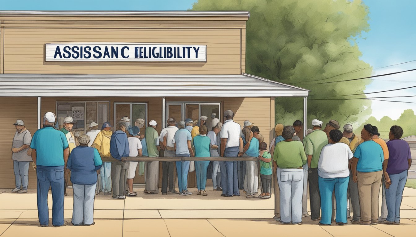 A line of people wait outside a food pantry in Dallam County, Texas. The building is marked with a sign reading "Assistance Eligibility Criteria."