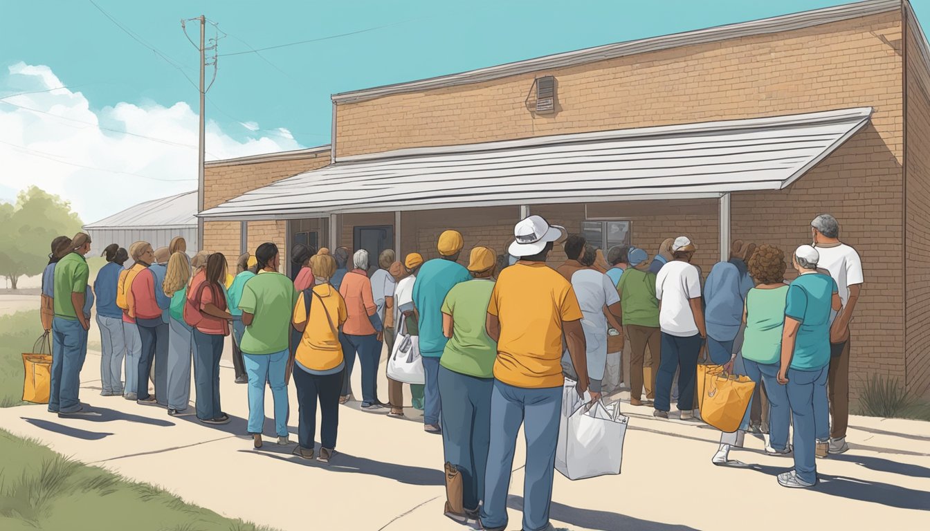 A line of people waiting outside a food pantry in Foard County, Texas. Volunteers handing out bags of groceries to those in need