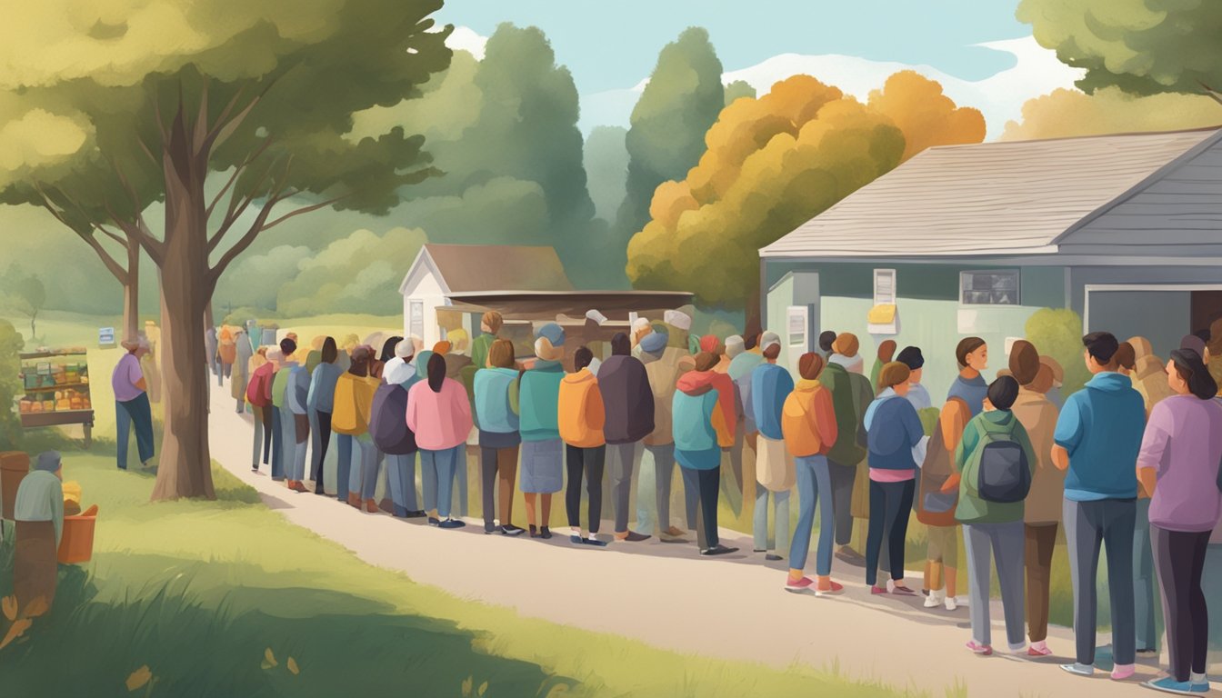 A line of people waits outside a small food pantry, surrounded by a rural landscape. Volunteers hand out bags of groceries to those in need