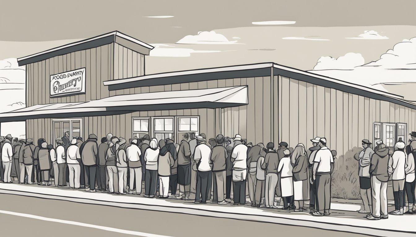 A line of people waiting outside a food pantry in Fisher County, Texas. Volunteers distribute free groceries to those in need