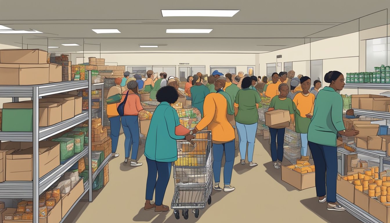 A bustling food pantry in Dallam County, Texas, with volunteers distributing free groceries to those in need