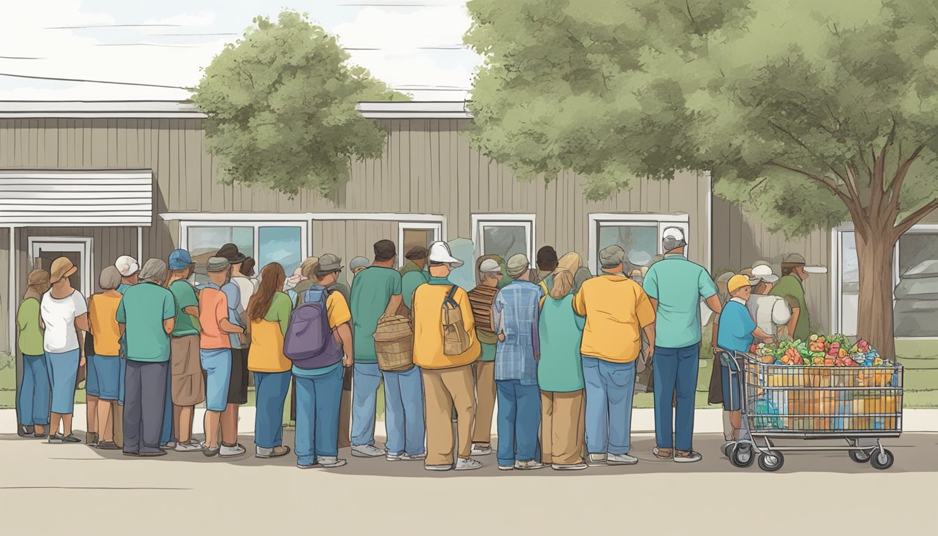 A line of people waiting outside a food pantry in Freestone County, Texas. Volunteers hand out free groceries to those in need