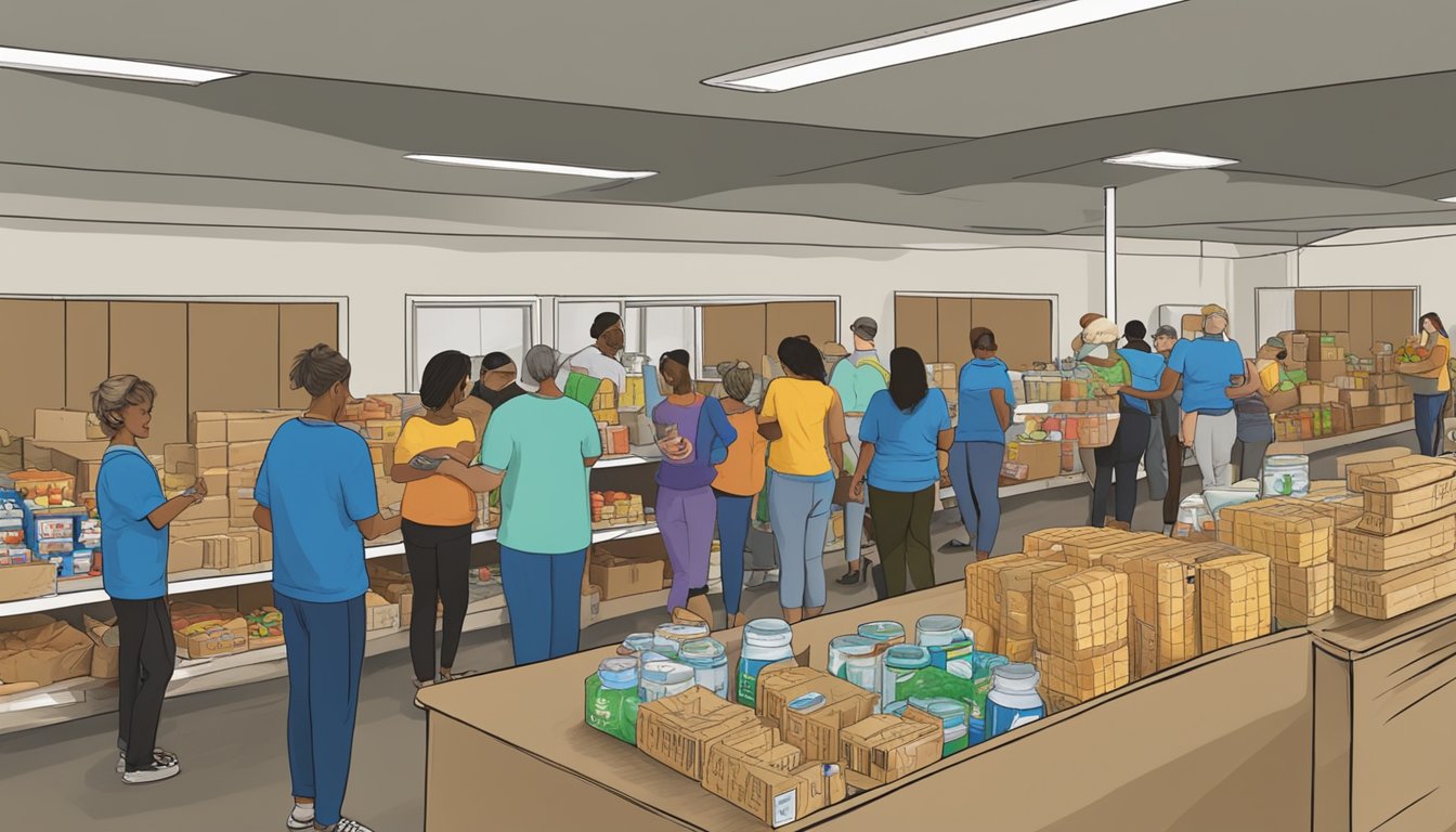 A bustling food pantry in Dallam County, Texas, with volunteers distributing groceries to those in need