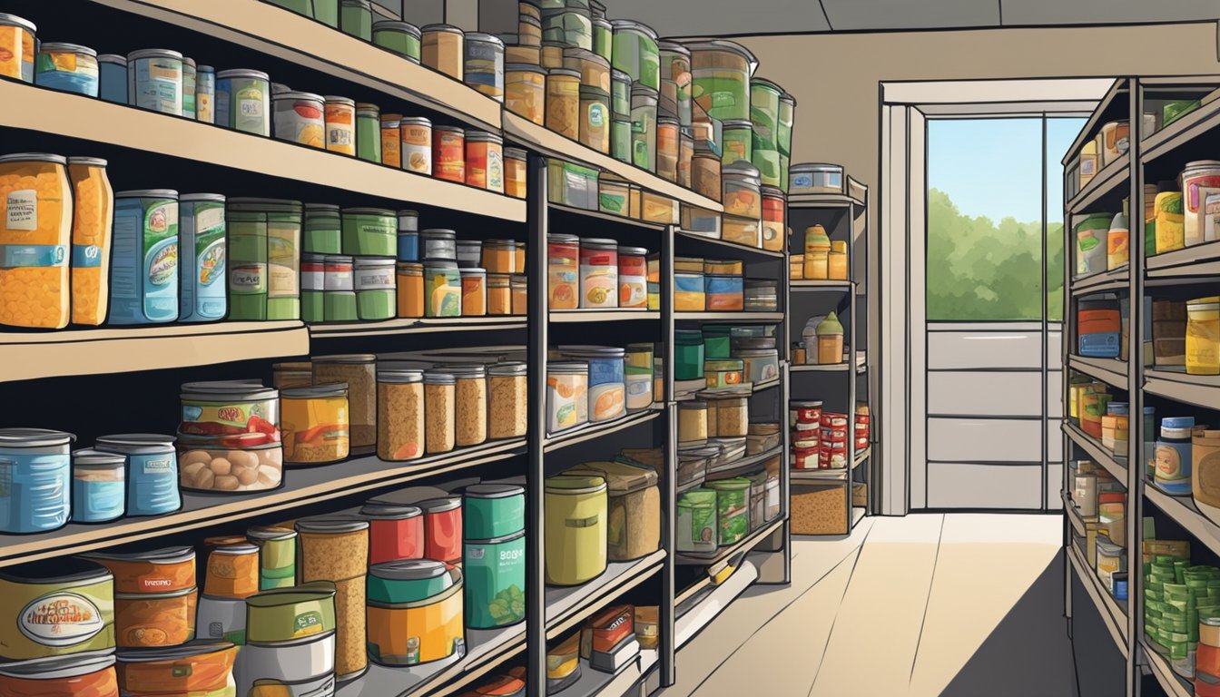 A bustling food pantry in Freestone County, Texas, with shelves stocked full of canned goods, fresh produce, and other essential groceries for those in need