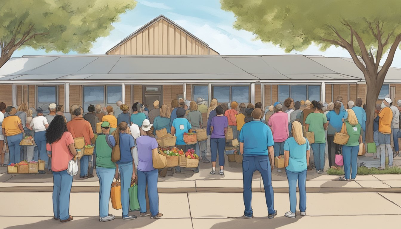 A line of people wait outside a local charity in Dallam County, Texas, as volunteers hand out free groceries and food to those in need