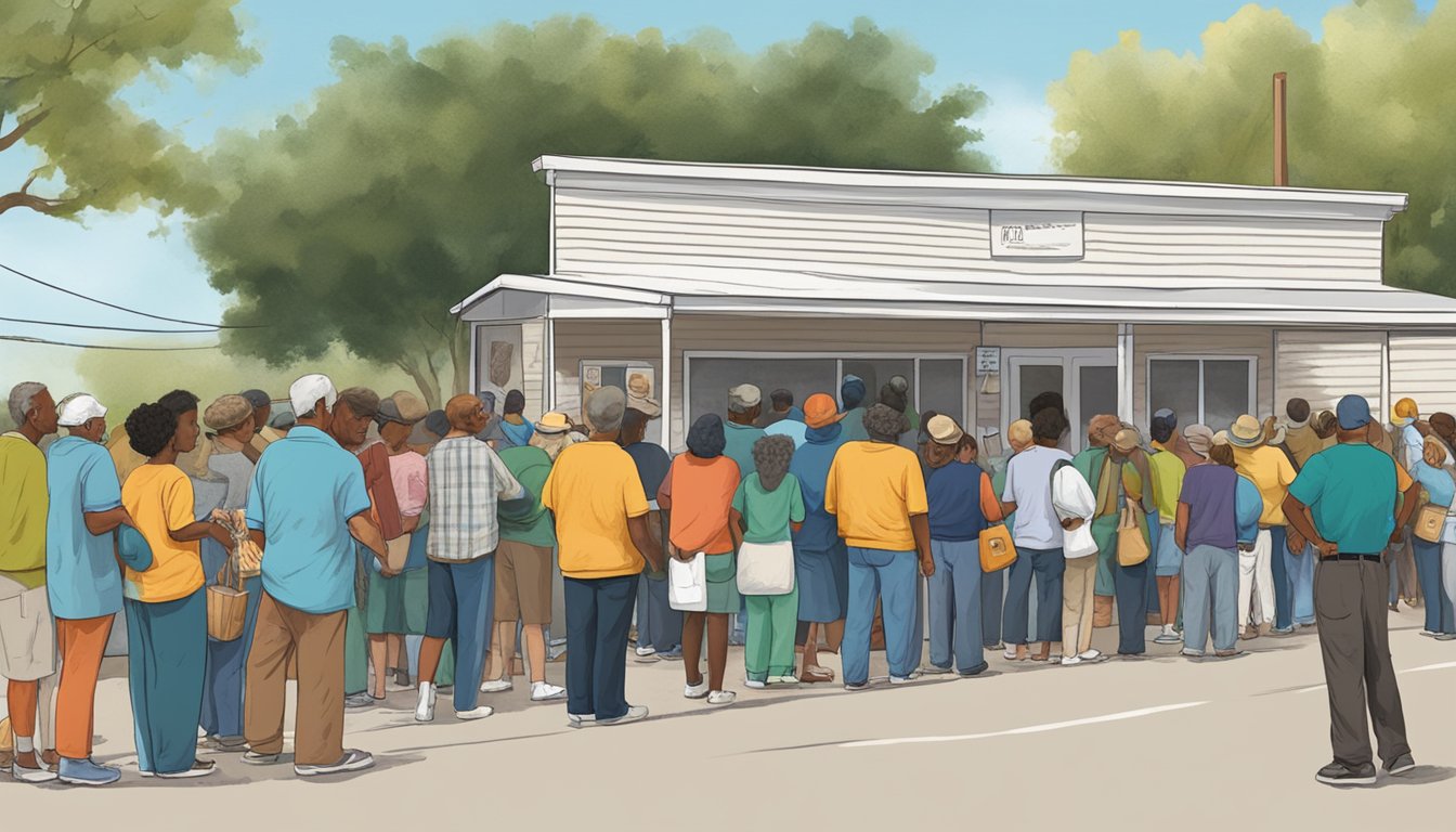 A line of people waiting outside a food pantry in Dallam County, Texas, with volunteers distributing free groceries and important contact information