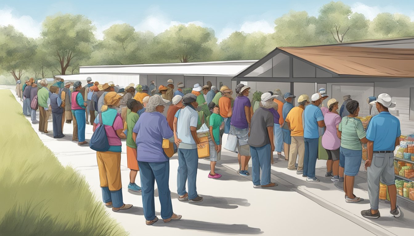 A line of people waiting outside a food pantry in Freestone County, Texas, with volunteers handing out groceries and food assistance applications