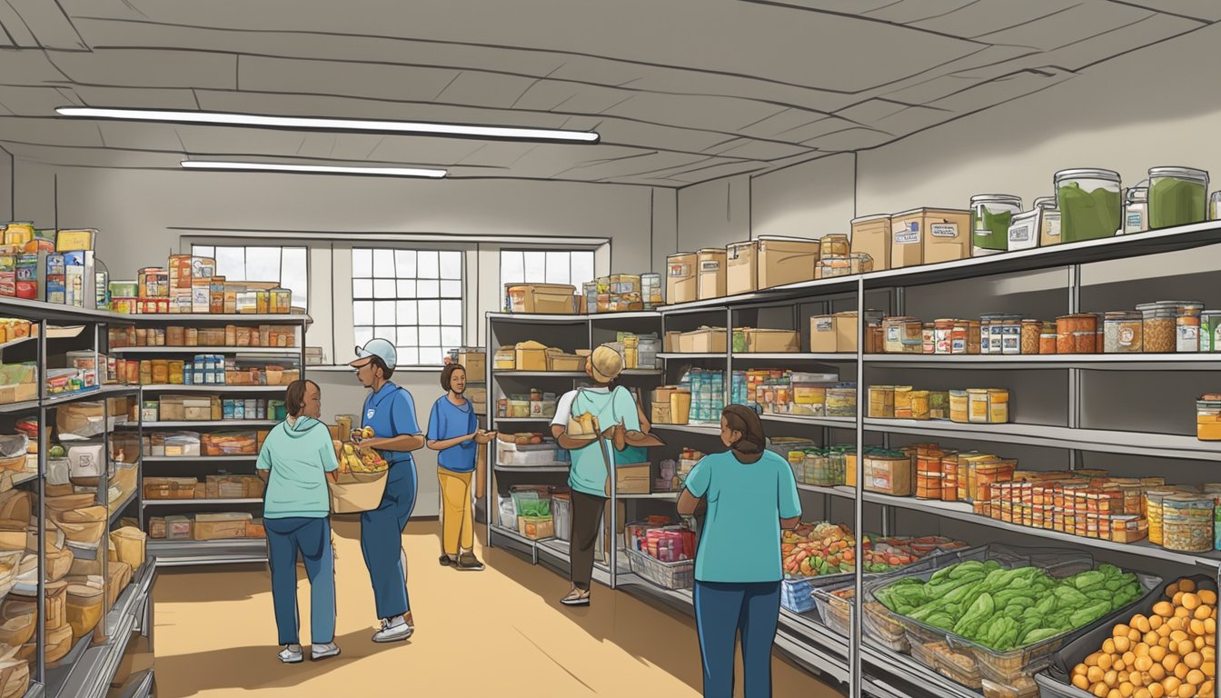 A bustling food pantry in Freestone County, Texas, with shelves stocked full of groceries and volunteers assisting those in need