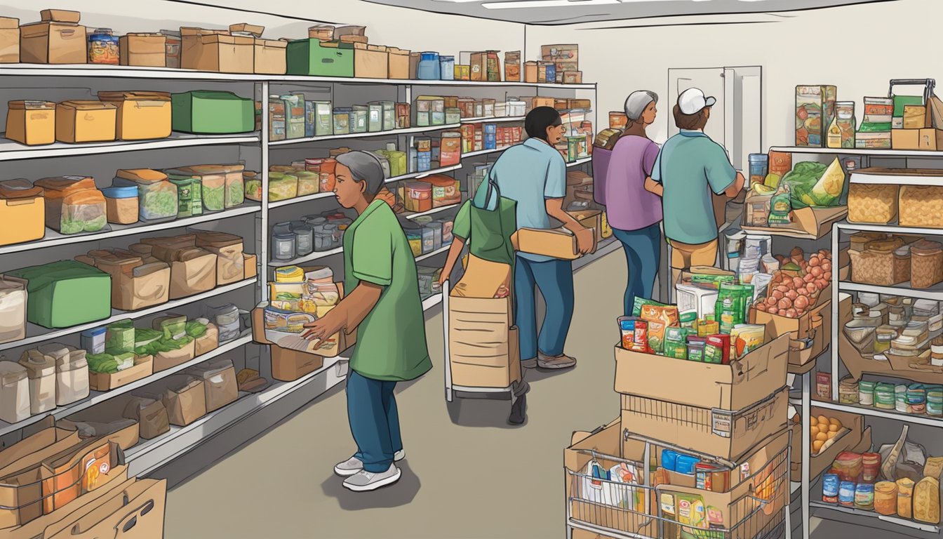 A bustling food pantry in Deaf Smith County, Texas, with shelves stocked full of free groceries and volunteers assisting those in need