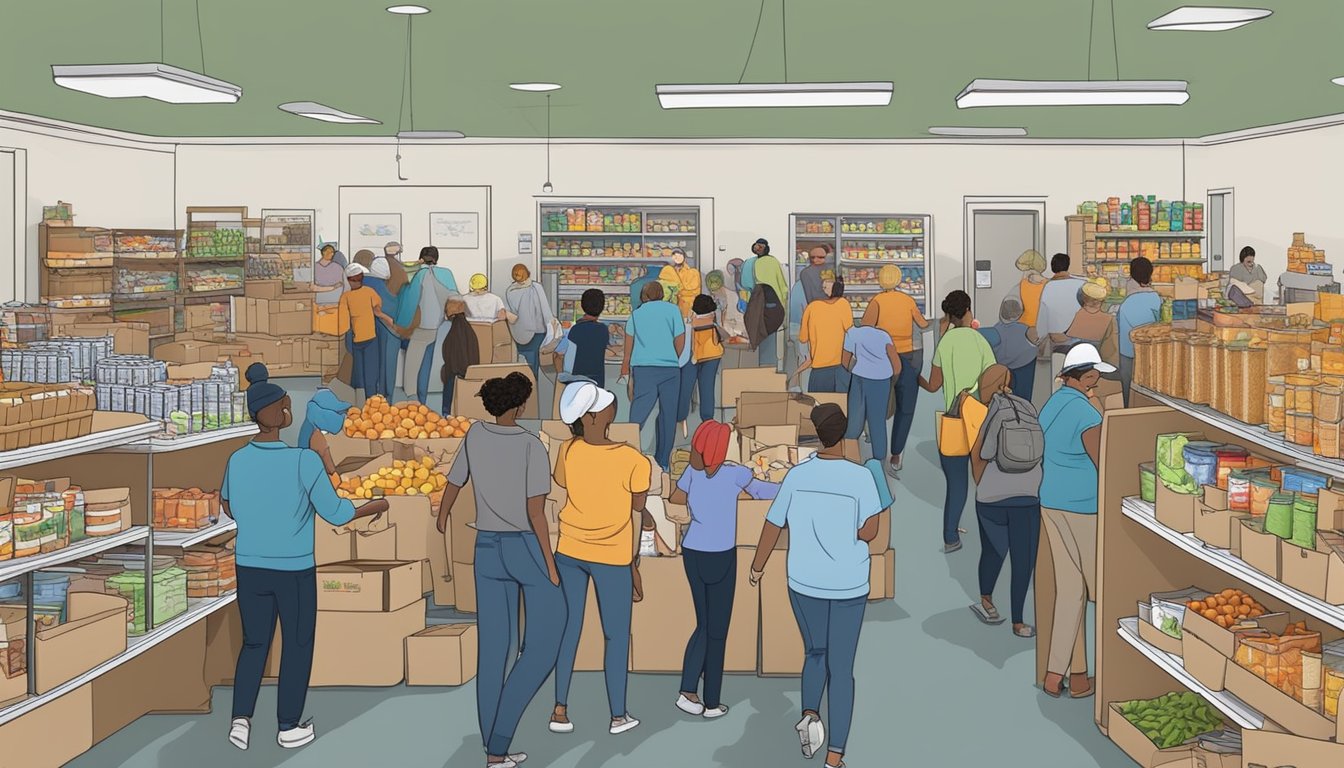 A bustling food pantry in Freestone County, Texas, with volunteers handing out free groceries to those in need, while government aid and community programs provide support