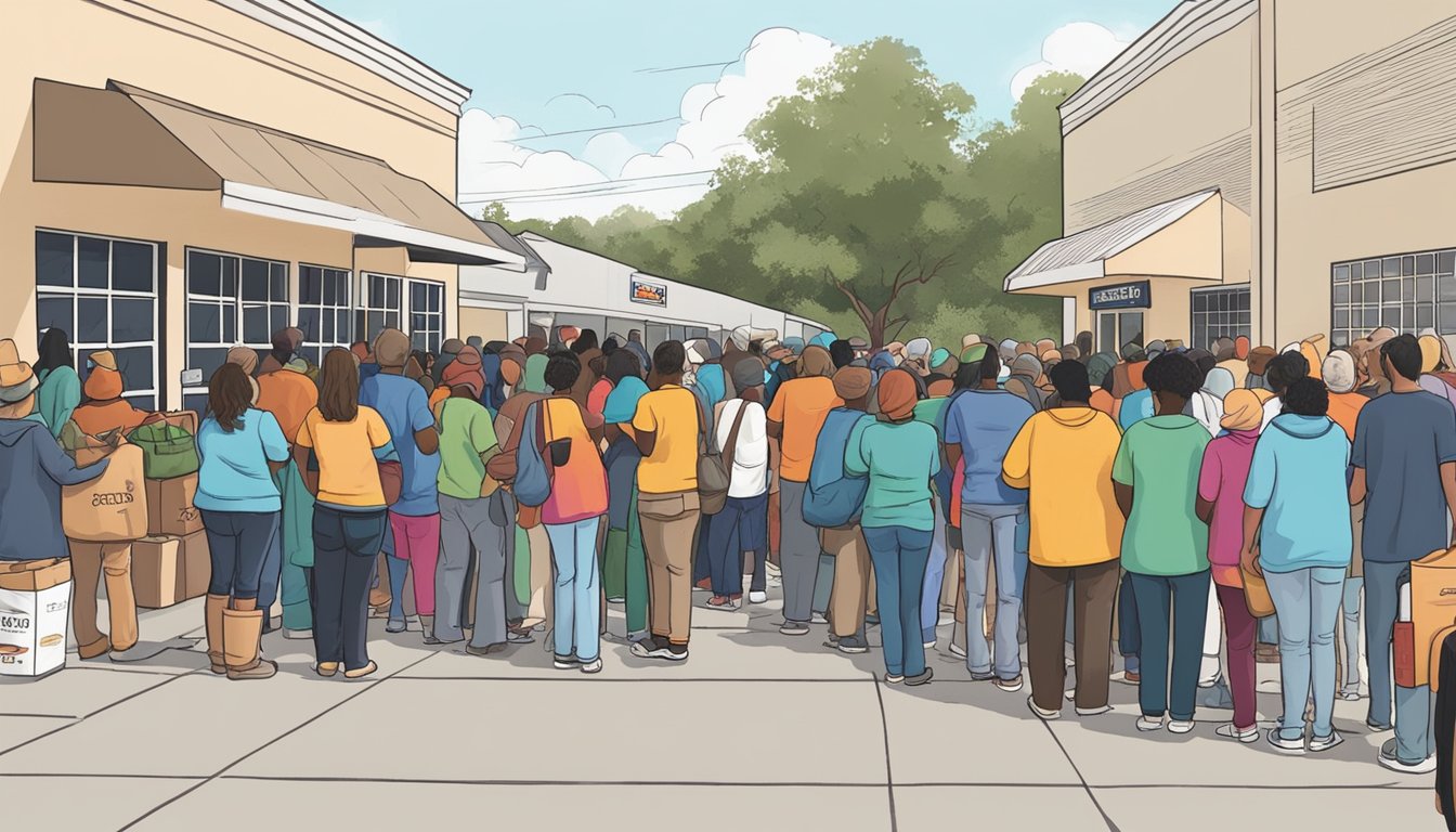 A long line of people waits outside a food pantry in Fort Bend County, Texas. Volunteers hand out free groceries to those in need