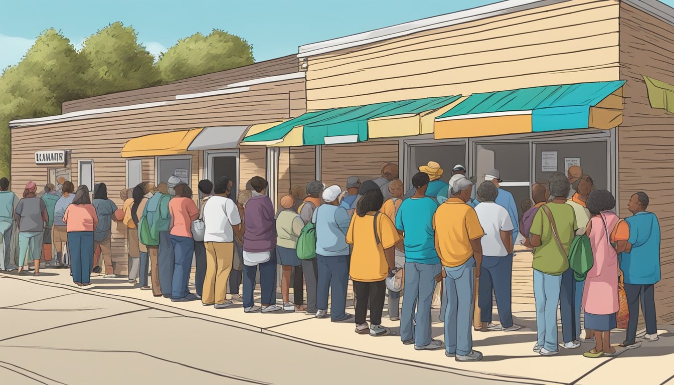 People lining up outside a food pantry in Deaf Smith County, Texas, waiting to receive free groceries and food assistance