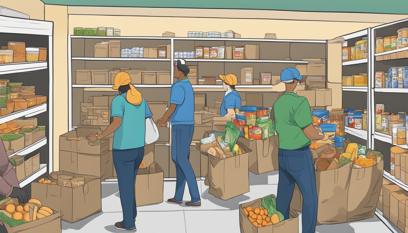 A bustling food pantry in Deaf Smith County, Texas, with volunteers distributing free groceries to those in need