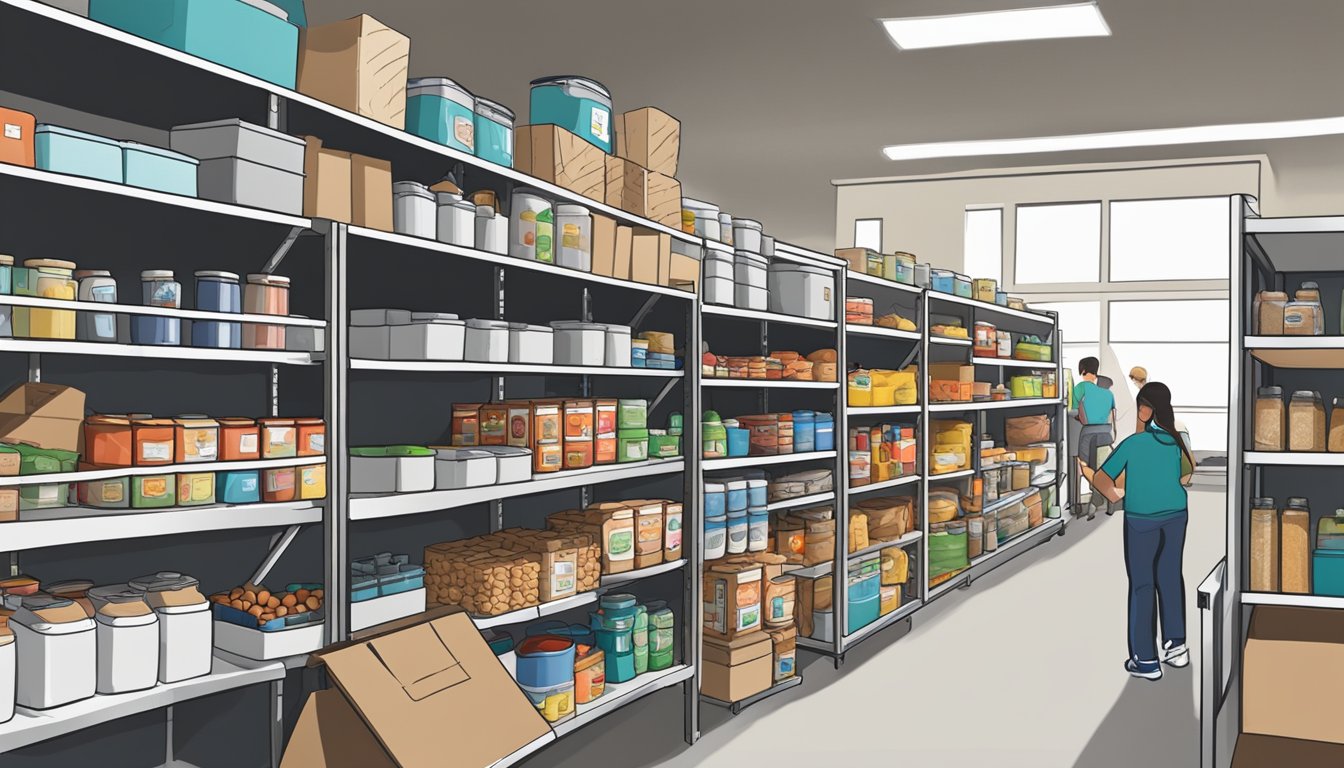 A bustling food pantry in Fort Bend County, Texas, with shelves stocked full of groceries and volunteers assisting those in need